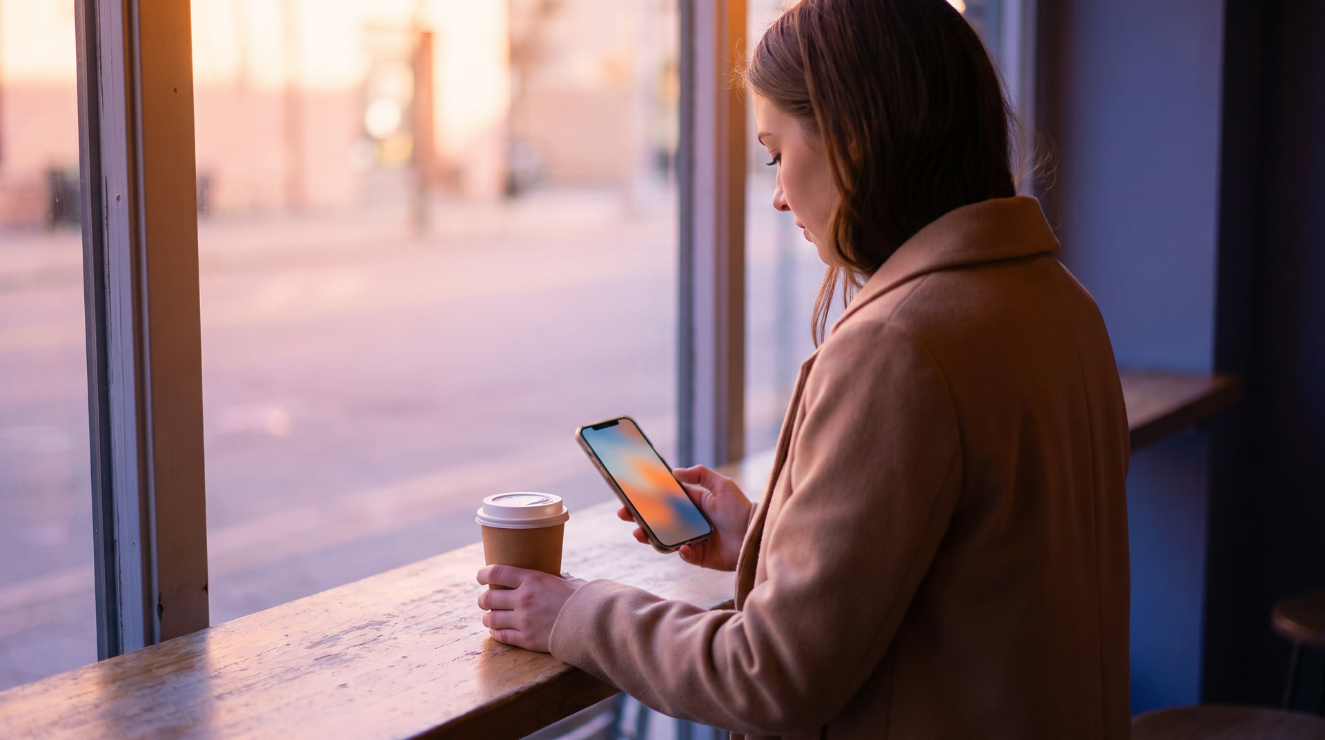 Una dipendente al bancone di un bar, di spalle, guarda il telefono con un caffè in mano